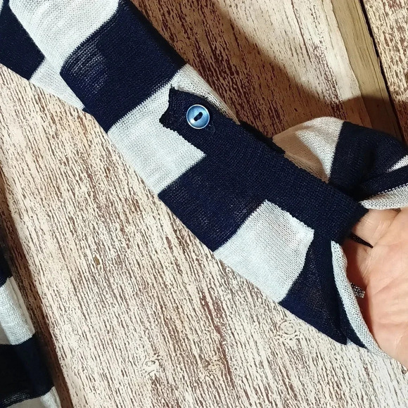 Nautical blue white striped open knit cardigan lightweight semi sheer M - Picture 5 of 10